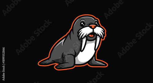 Charming Happy Walrus Cartoon Character with White Tusks and Orange Outline