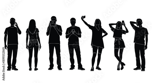 Silhouettes of people using smartphones in various poses and outfits