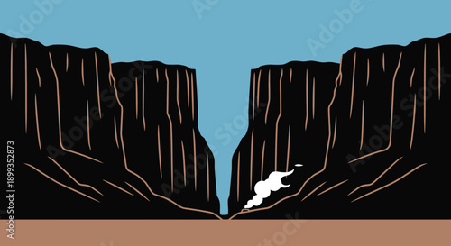 Deep Canyon Valley Landscape with Distant Smoke Plume Illustration