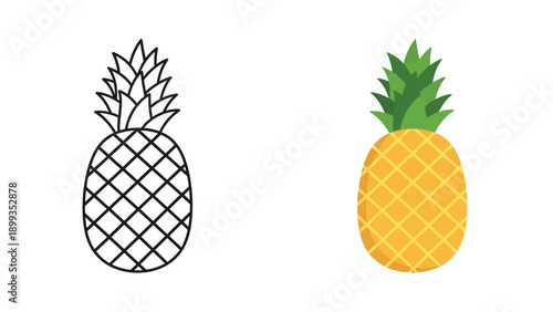 Comparison of a detailed black and white line art drawing next to a vibrant colored flat icon illustration of a tropical pineapple fruit.