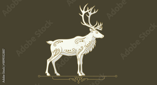 Regal White Reindeer Symbol Standing Proudly on Decorative Golden Scroll