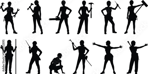 Female construction worker silhouettes set showing women builders tools poses strength empowerment industrial labor safety profession vector illustration collection