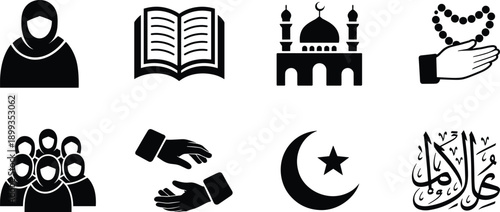 Islamic culture and religion icons set featuring hijab woman Quran mosque prayer beads crescent star community charity Arabic calligraphy vector symbols