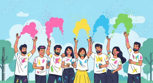 Diverse group of friends celebrating with colorful powder and drinks outdoors on a sunny day