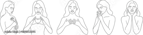 Minimal line art woman emotions illustration set showing love gratitude self care mindfulness prayer affection calm feminine gestures vector design