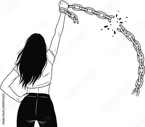Strong woman breaking chains illustration symbolizing freedom empowerment feminism resistance independence protest strength courage liberation black and white minimalist vector art design