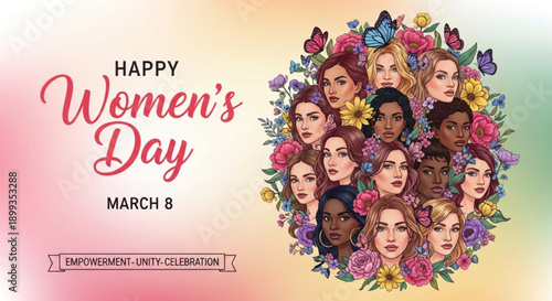 Happy women's day celebration with diverse faces and flowers on march 8 for empowerment and unity