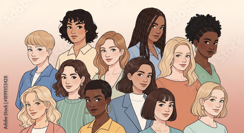 Diverse group of women with different skin tones and hairstyles looking forward with neutral expressions on a gradient background
