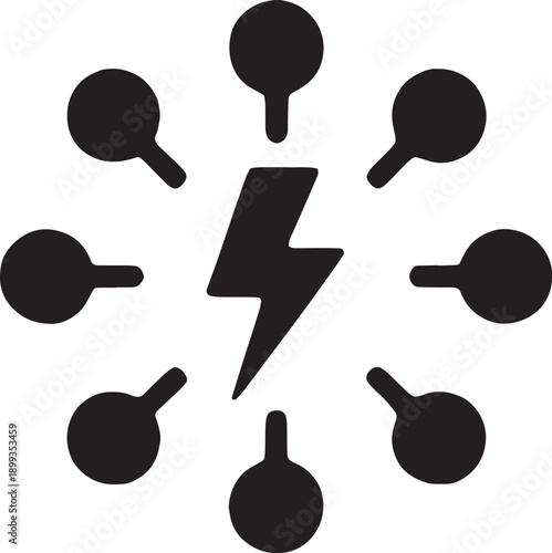 Centralized network node icon with lightning bolt connection, representing power distribution, fast connectivity, distributed systems, and load handling, bold black vector style