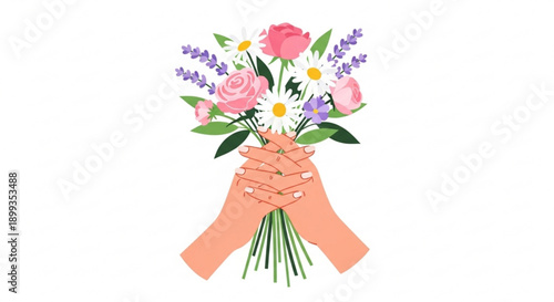 Hands holding bouquet of colorful flowers pink roses lavender and greenery on white background symbolizing love and appreciation