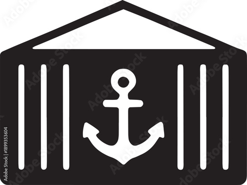 Cargo shipping container icon with a heavy anchor, symbolizing docker environments, kubernetes orchestration, persistent storage, and stability, bold black vector design