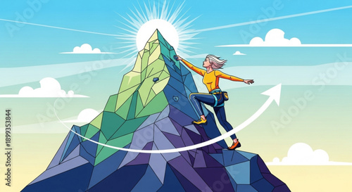 Businessman climbing mountain with upward arrow symbolizing success and achievement in career growth