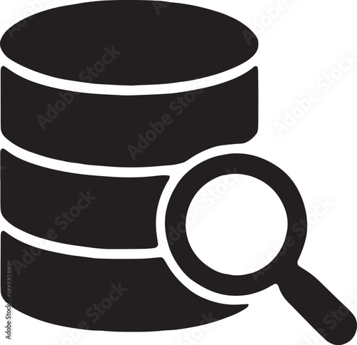Database cylinder icon paired with a magnifying glass, representing data query, sql search, information retrieval, and system auditing, designed in a clean bold black vector style