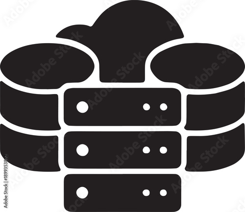 Stacked server blades in a circular formation, representing high availability clusters, redundant storage, raid systems, and data farms, designed in a bold black vector format
