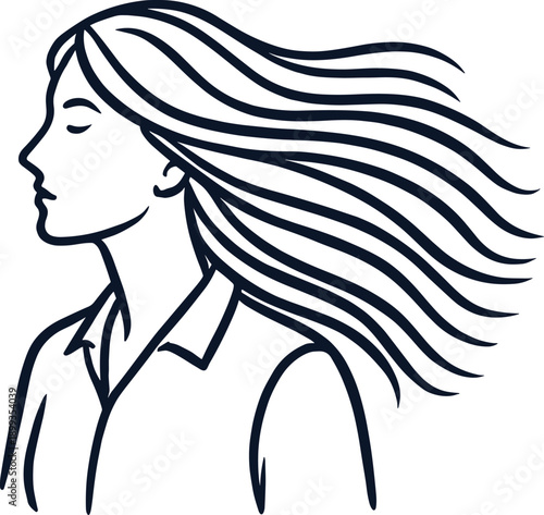 Beautiful woman side profile with long flowing hair, linear vector illustration style, isolated on white background for beauty salon logo.