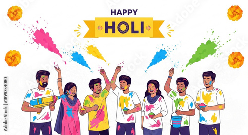 Diverse group of friends celebrating holi festival with colorful powders and joyful expressions on white background