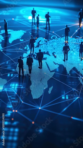 People on a digital map represent global connections and networks in 2023