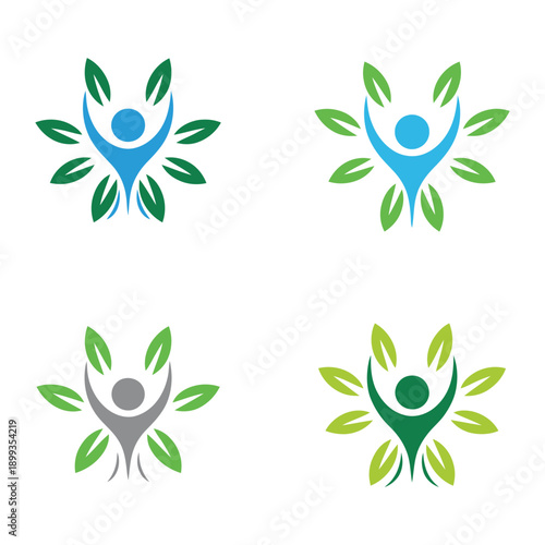 Eco friendly human icons with leaves in different colors icon
