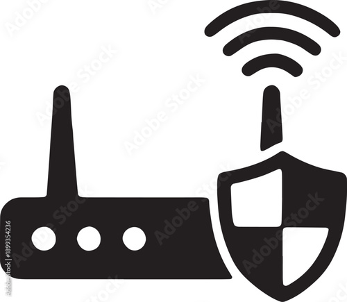 Wireless router icon shielded by a security emblem, representing secure wi-fi, network protection, firewall appliances, and safe connectivity, designed as a bold black vector icon