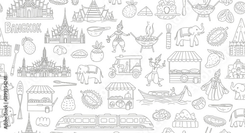 Cultural Exploration, Bangkok Landmarks, Thai Cuisine, Illustrative Art