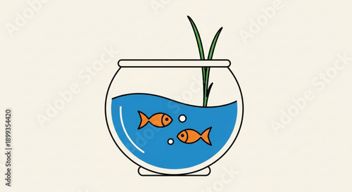 Two orange fish swim in a clear glass bowl with blue water and green plants on a beige background