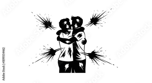 Black and white illustration of two people embracing with paint splatters, symbolizing conflict or emotional impact.