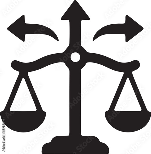 Traditional scale icon with directional arrows, representing load balancing, traffic distribution, equalizing server requests, and resource fairness, bold black vector design