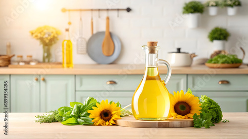 Transparent glass oil bottle with sunflowers and herbs on a wooden board in a bright kitchen transparent glass bottle