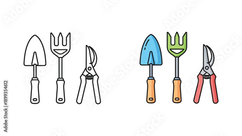 Collection of gardening tools including a trowel a hand cultivator and pruning shears presented in both outlined and colorful flat icon styles for design projects