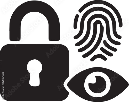 Padlock icon featuring a fingerprint and eye, representing multi-factor authentication, biometric security, access control, and identity verification, bold black vector illustration