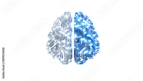 A stylized brain, split in two halves,  with circuit board-like patterns.  Light blue and light gray/silver tones