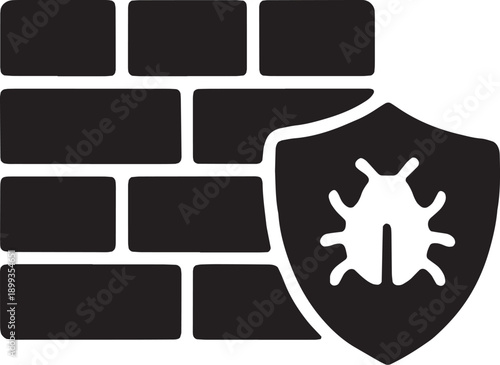Brick wall icon with a shield blocking a bug, representing antivirus software, malware protection, debugging, and system hardening, designed as a bold black vector graphic