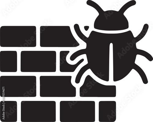 Brick wall icon with a large bug crawling on it, representing system vulnerability, software exploit, security hole, and debugging needs, designed in a clean black vector style