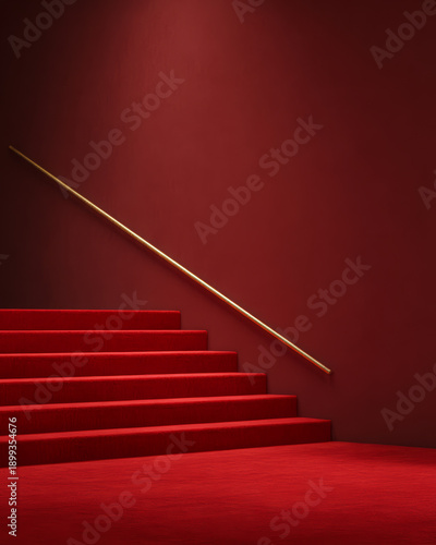 Red staircase with golden handrail leading up a dramatic wall in a contemporary space