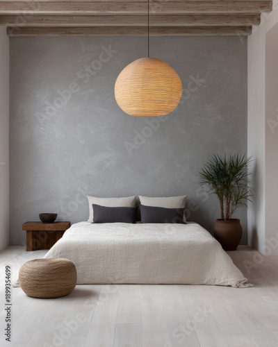 Modern bedroom design with natural elements and warm tones in a serene space