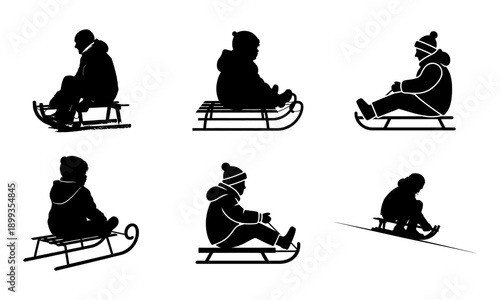 Silhouettes of people sledding various poses captured in black and white