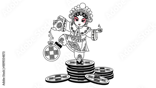 Whimsical Chinese Opera Performer Balanced on Ancient Coins with Teapot and Tea