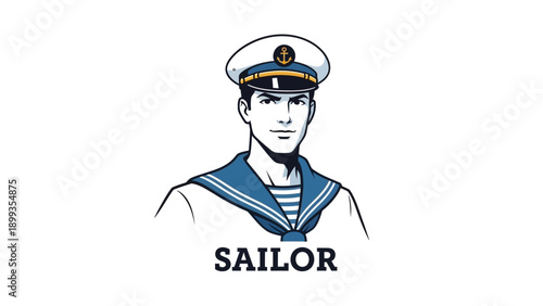 Illustrated handsome sailor in white uniform and navy blue details isolated on white background