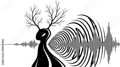 Abstract forest entity with sound waves emanating, a surreal and symbolic illustration conveying