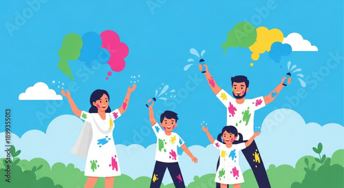 Family celebrating holi festival with colorful powder in a green park on a sunny day with blue sky