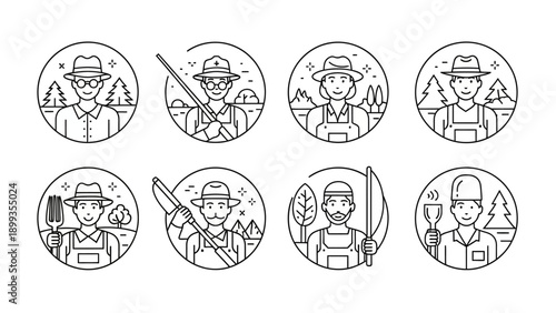 Monochrome line art icons depicting various professions and outdoor activities in circles