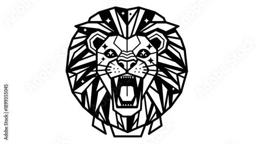 Geometric lion head illustration in black and white outline for backgrounds and designs