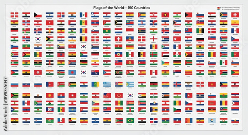 A comprehensive collection of 193 national flags from countries around the world, arranged neatly in a grid pattern.