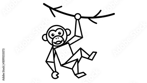 Simple geometric monkey hanging from a branch illustration with playful design