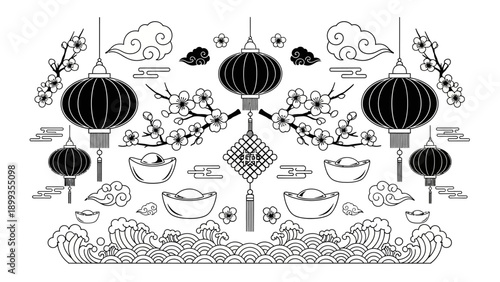 Elegant Chinese New Year Illustration with Lanterns and Traditional Symbols