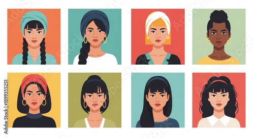 Diverse group of women with different hairstyles and headscarves in colorful backgrounds