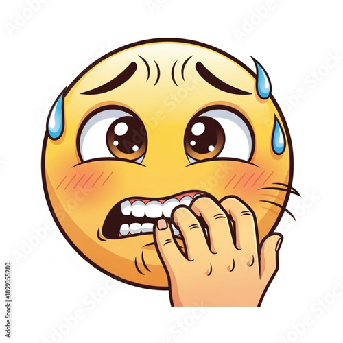 Anxious yellow emoji face with wide, worried eyes and sweat drops, biting fingernails nervously.