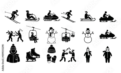 Black and white icons depicting various winter sports and activities