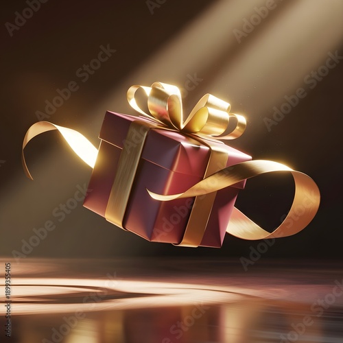 A beautifully wrapped gift box with a golden ribbon in a spotlight.