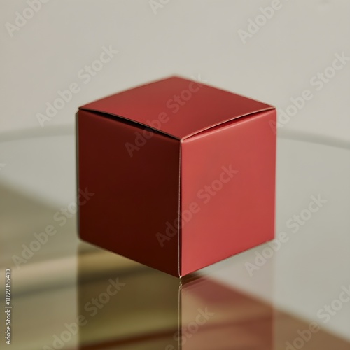 A vibrant red cube resting on a reflective surface in a minimalist setting